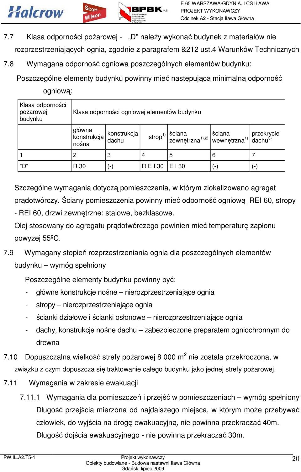 ogniowej elementów budynku główna konstrukcja nośna konstrukcja dachu strop 1) ściana zewnętrzna 1),2) ściana wewnętrzna 1) przekrycie dachu 3) 1 2 3 4 5 6 7 "D" R 30 (-) R E I 30 E I 30 (-) (-)