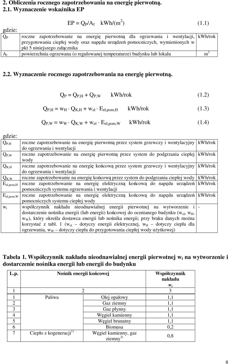 powierzchnia ogrzewana (o regulowanej temperaturze) budynku lub lokalu m 2 2.2. Wyznaczenie rocznego zapotrzebowania na energię pierwotną. Q P,H Q P = Q P,H + Q P,W kwh/rok (1.