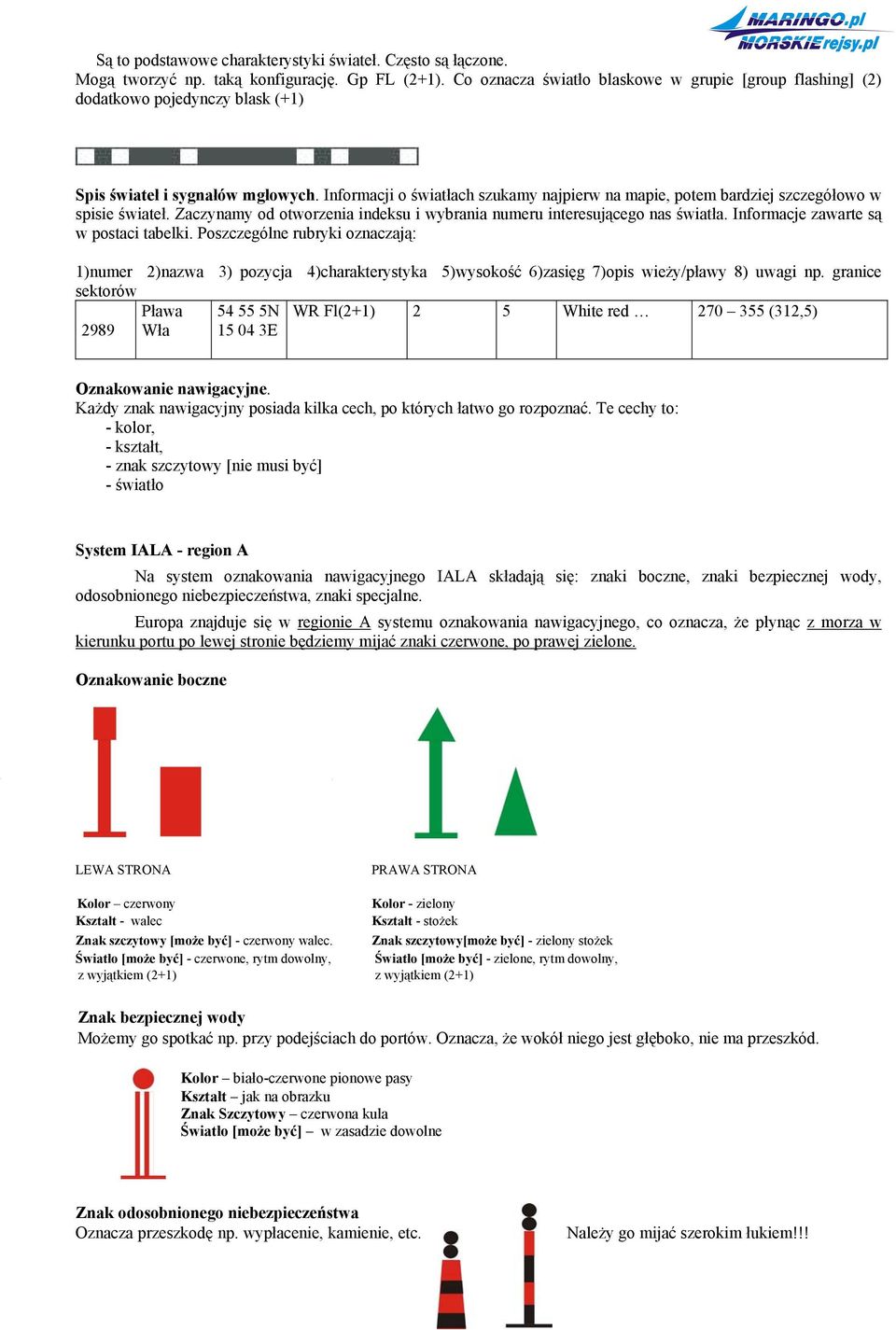 Informacji o światłach szukamy najpierw na mapie, potem bardziej szczegółowo w spisie świateł. Zaczynamy od otworzenia indeksu i wybrania numeru interesującego nas światła.