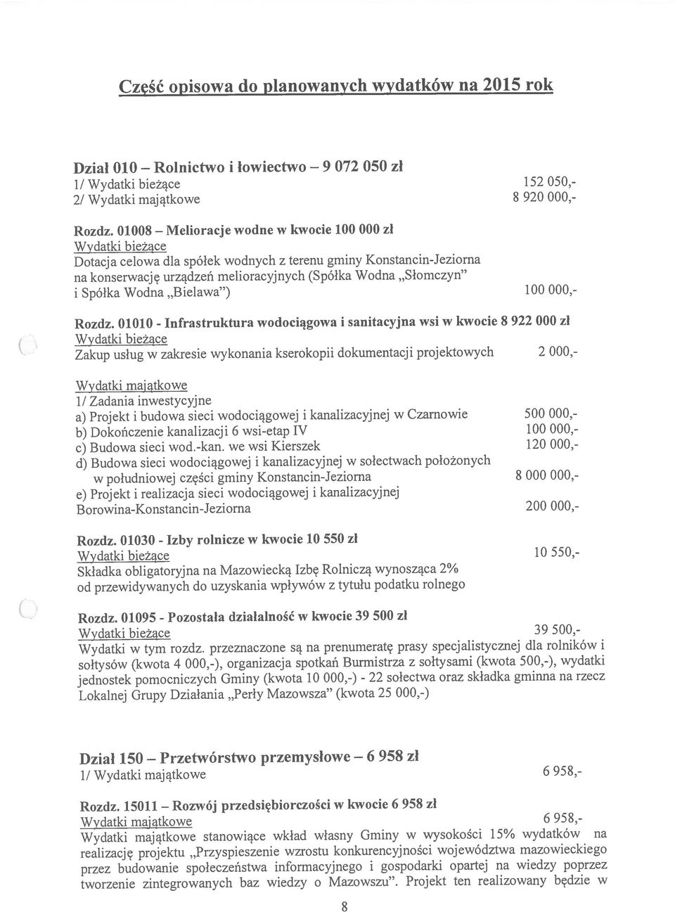 01010 - Infrastruktura wodociągowa i sanitacyjna Wsi W kwocie 8 922 000 zł Zakup usług w zakresie wykonania kserokopii dokumentacji projektowych 2 000,- Wydatki majątkowe b) Dokończenie kanalizacji 6