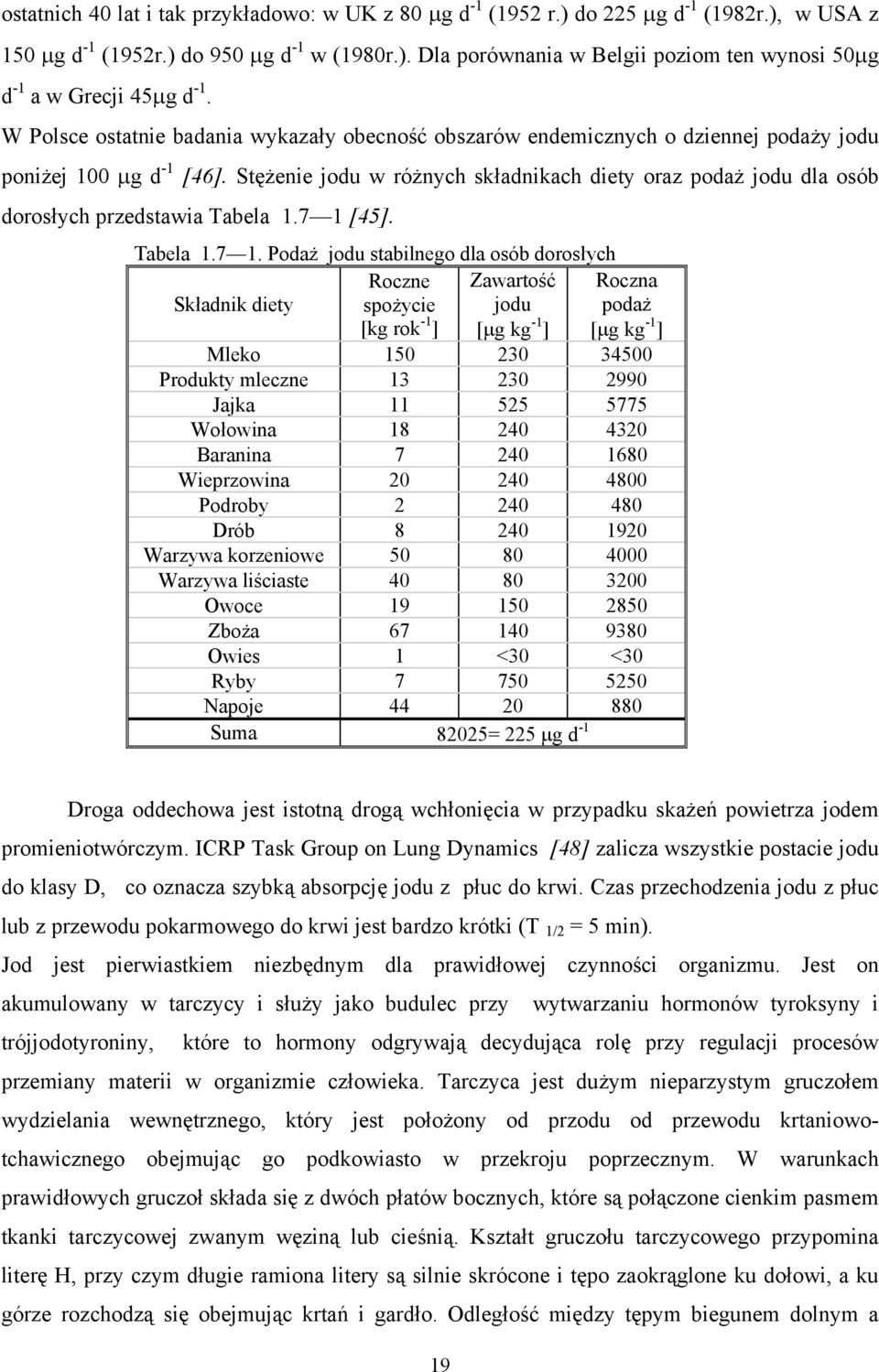 Stężenie jodu w różnych składnikach diety oraz podaż jodu dla osób dorosłych przedstawia Tabela 1.7 1 