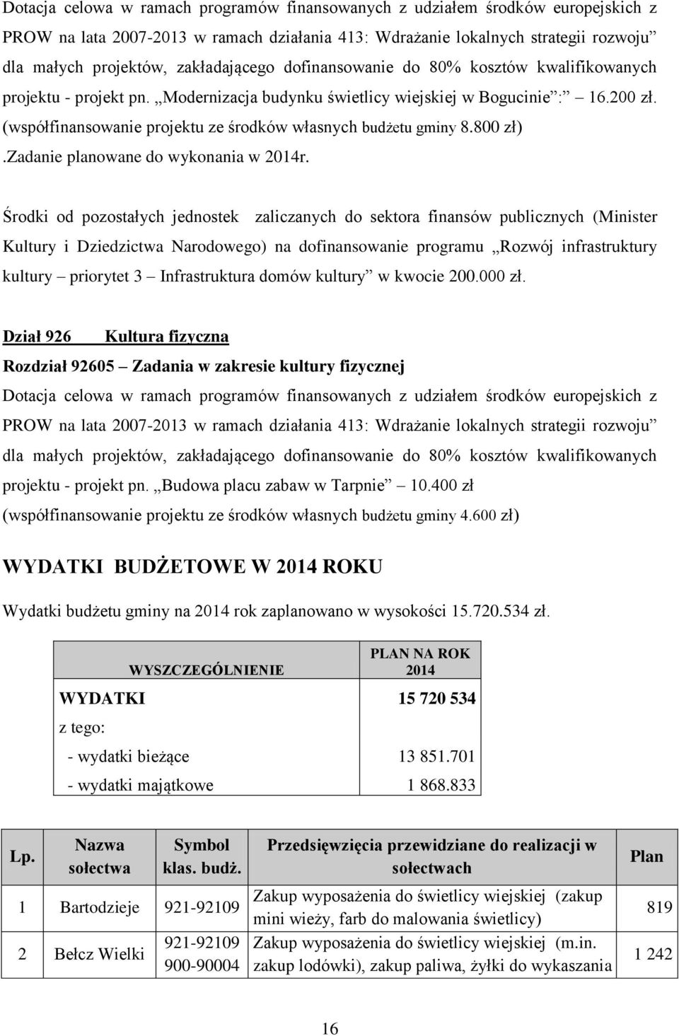 (współfinansowanie projektu ze środków własnych budżetu gminy 8.800 zł).zadanie planowane do wykonania w 2014r.