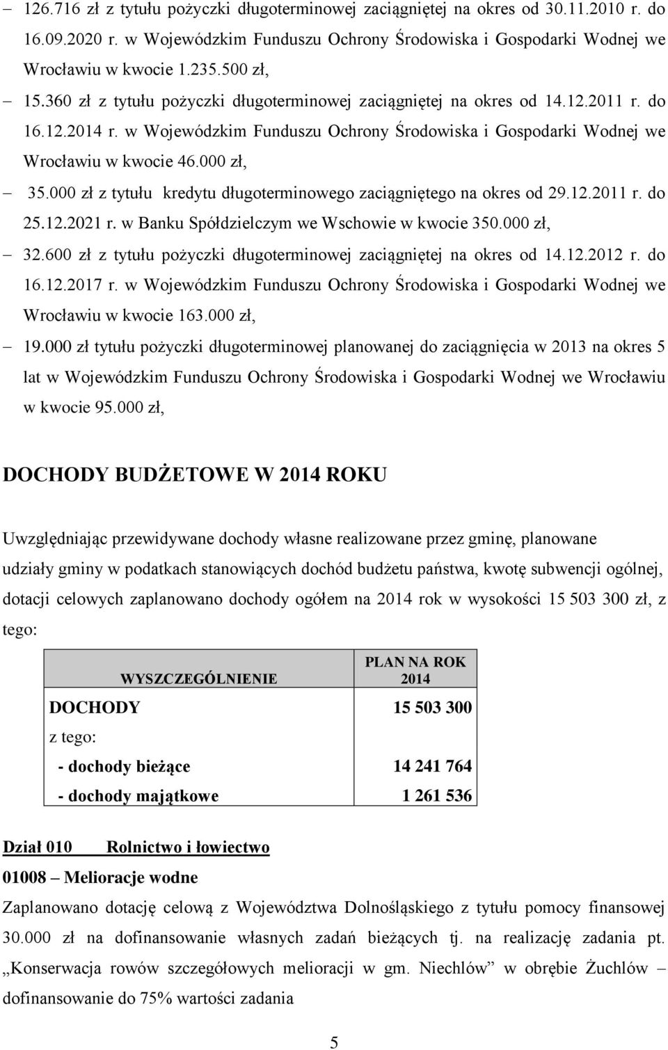 000 zł, 35.000 zł z tytułu kredytu długoterminowego zaciągniętego na okres od 29.12.2011 r. do 25.12.2021 r. w Banku Spółdzielczym we Wschowie w kwocie 350.000 zł, 32.