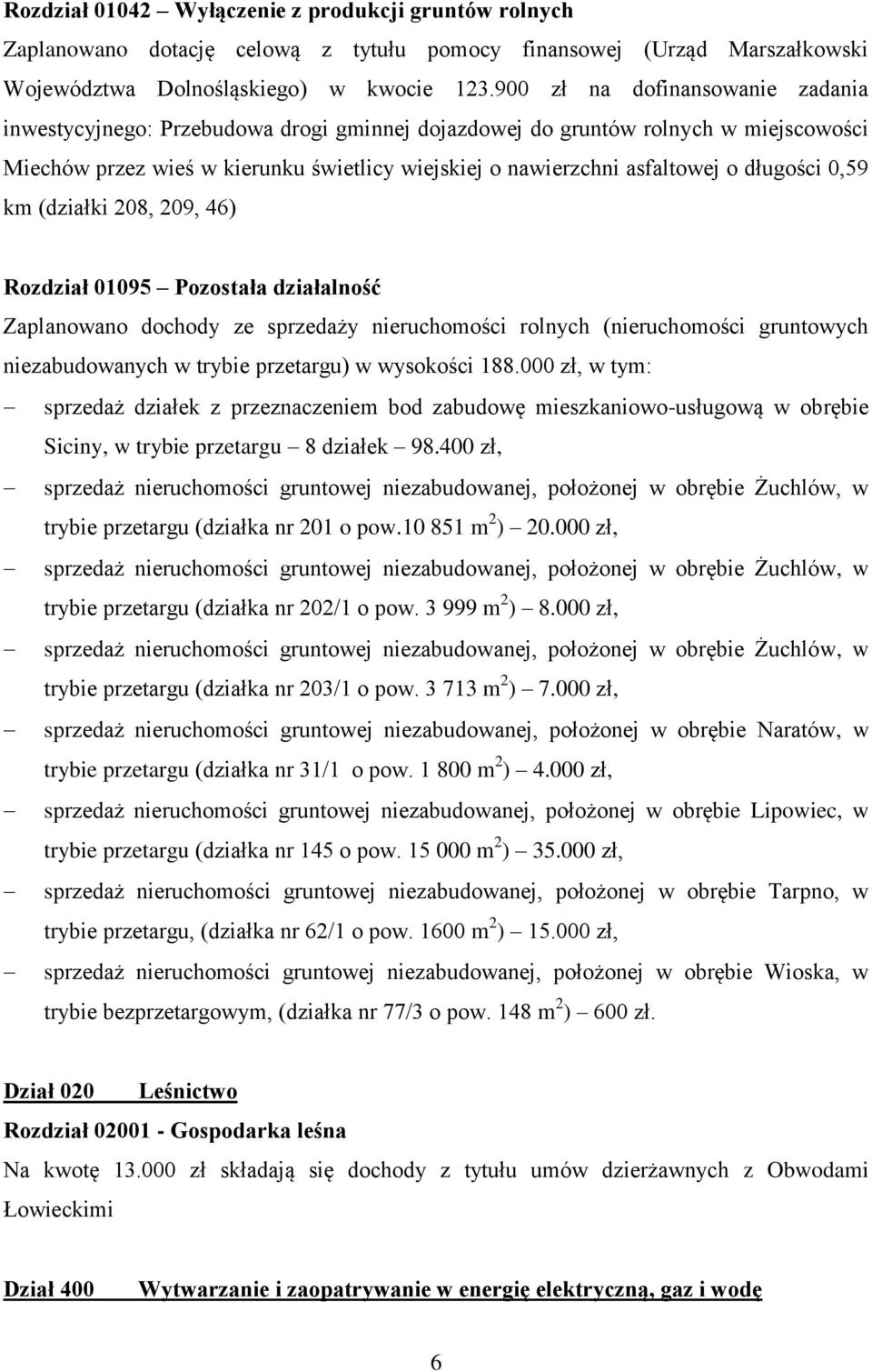 długości 0,59 km (działki 208, 209, 46) Rozdział 01095 Pozostała działalność Zaplanowano dochody ze sprzedaży nieruchomości rolnych (nieruchomości gruntowych niezabudowanych w trybie przetargu) w