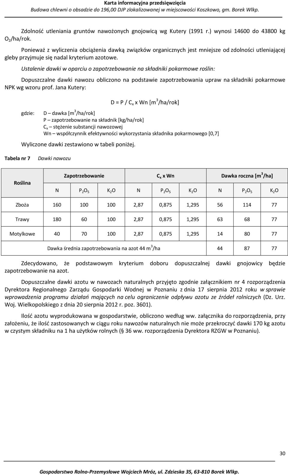 Ustalenie dawki w oparciu o zapotrzebowanie na składniki pokarmowe roślin: Dopuszczalne dawki nawozu obliczono na podstawie zapotrzebowania upraw na składniki pokarmowe NPK wg wzoru prof.