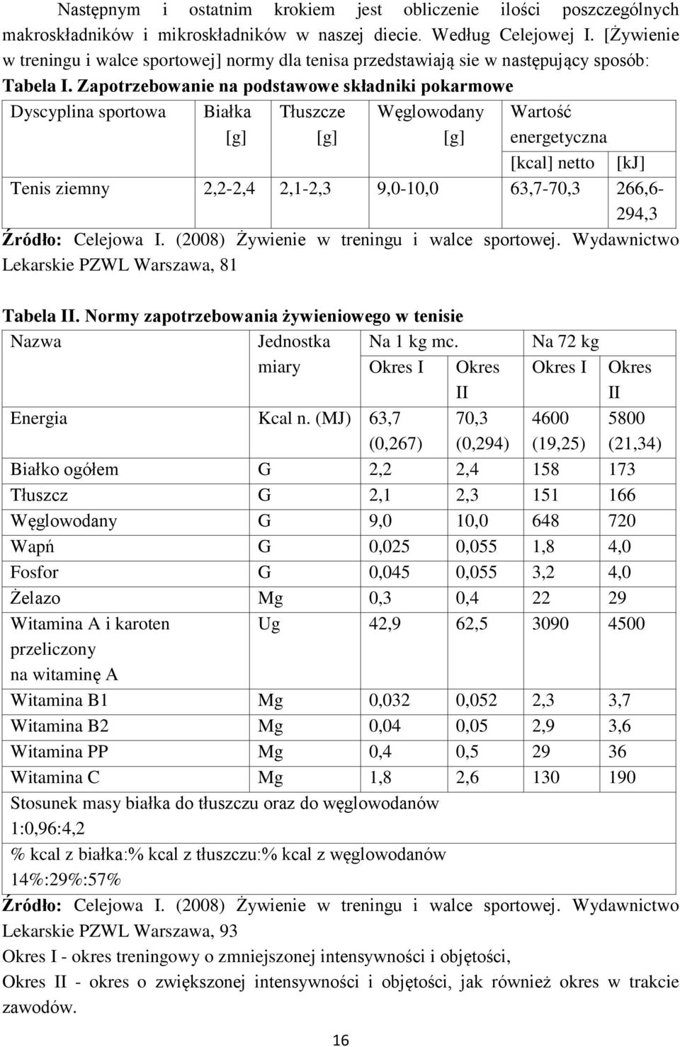 Zapotrzebowanie na podstawowe składniki pokarmowe Dyscyplina sportowa Białka [g] Tłuszcze [g] Węglowodany [g] Wartość energetyczna [kcal] netto Tenis ziemny 2,2-2,4 2,1-2,3 9,0-10,0 63,7-70,3