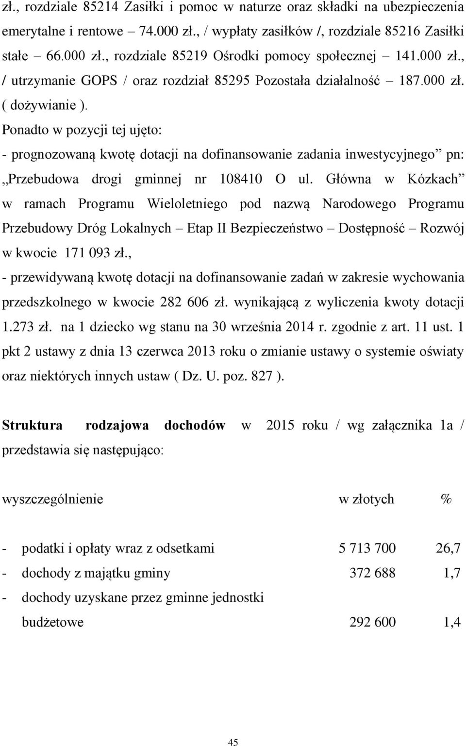 Ponadto w pozycji tej ujęto: - prognozowaną kwotę dotacji na dofinansowanie zadania inwestycyjnego pn: Przebudowa drogi gminnej nr 108410 O ul.