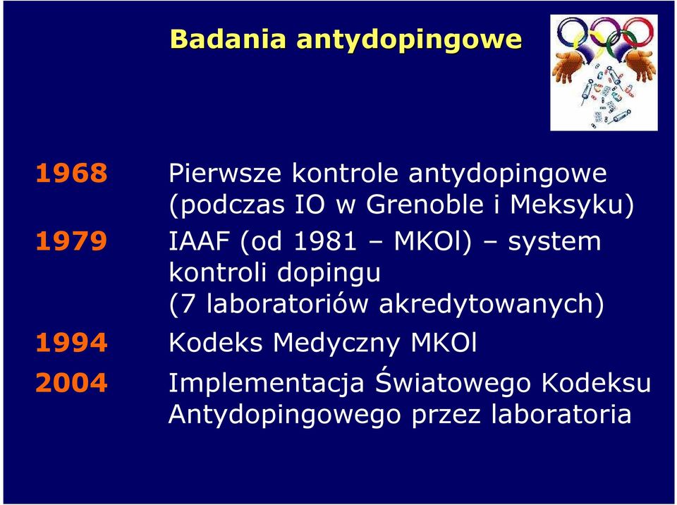 dopingu (7 laboratoriów akredytowanych) 1994 Kodeks Medyczny MKOl