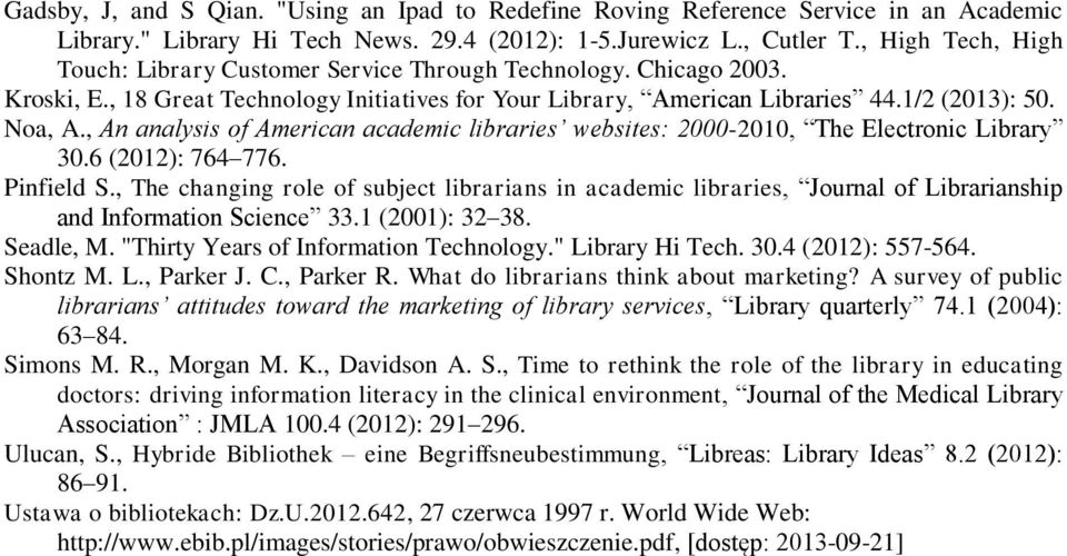 , An analysis of American academic libraries websites: 2000-2010, The Electronic Library 30.6 (2012): 764 776. Pinfield S.