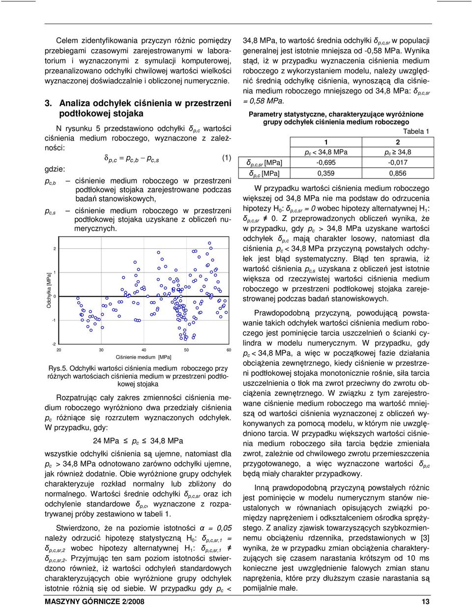 Analiza odchyłek ciśnienia w przestrzeni podtłokowej stojaka N rysunku 5 przedstawiono odchyłki δ p,c wartości ciśnienia medium roboczego, wyznaczone z zaleŝności: δ = p p (1) gdzie: p c,b p c,s