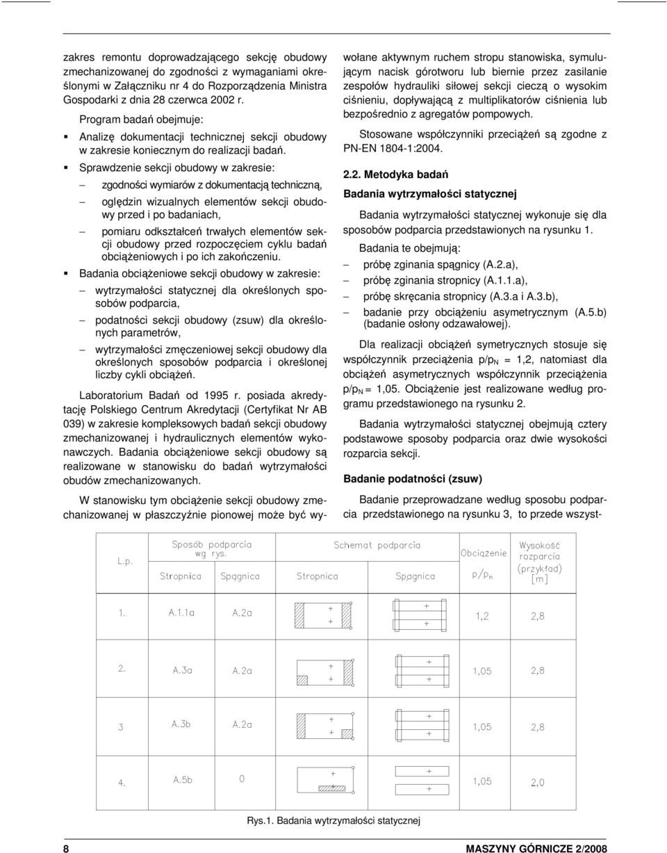 Sprawdzenie sekcji obudowy w zakresie: zgodności wymiarów z dokumentacją techniczną, oględzin wizualnych elementów sekcji obudowy przed i po badaniach, pomiaru odkształceń trwałych elementów sekcji