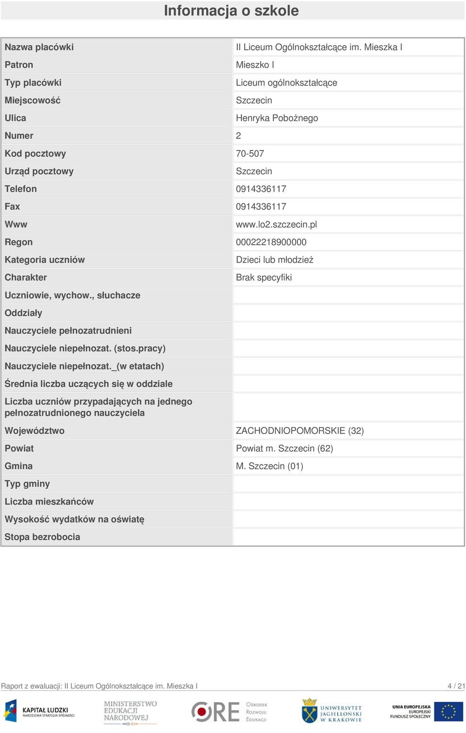 pl Regon 00022218900000 Kategoria uczniów Charakter Dzieci lub młodzież Brak specyfiki Uczniowie, wychow., słuchacze Oddziały Nauczyciele pełnozatrudnieni Nauczyciele niepełnozat. (stos.