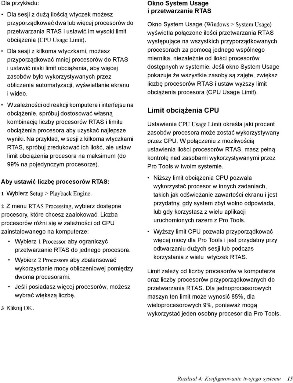 ekranu i wideo. W zależności od reakcji komputera i interfejsu na obciążenie, spróbuj dostosować własną kombinację liczby procesorów RTAS i limitu obciążenia procesora aby uzyskać najlepsze wyniki.