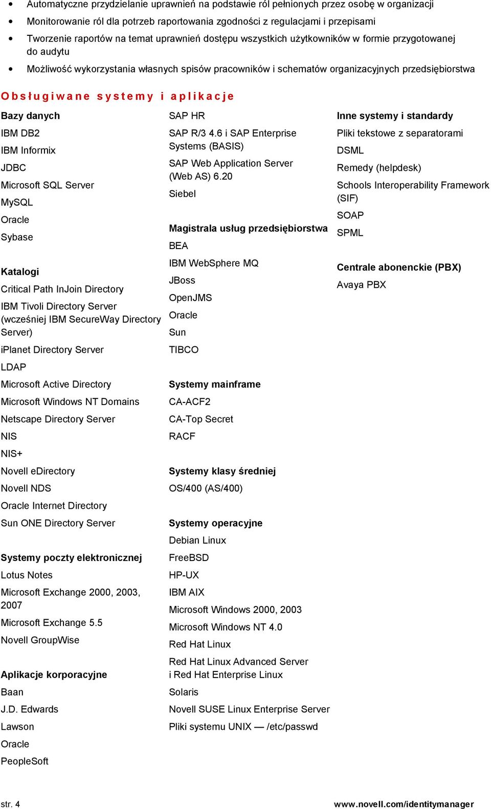 aplikacje Bazy danych SAP HR Inne systemy i standardy IBM DB2 SAP R/3 4.6 i SAP Enterprise Systems (BASIS) Pliki tekstowe z separatorami SAP Web Application Server (Web AS) 6.