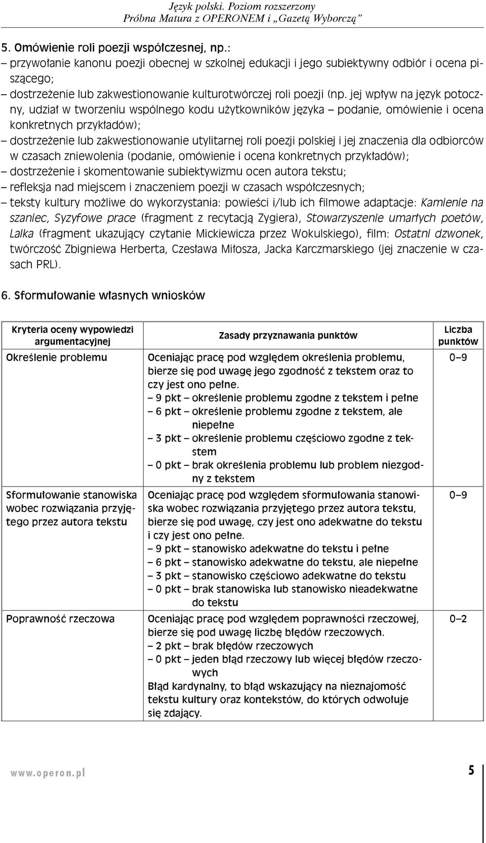 jej wpływ na język potoczny, udział w tworzeniu wspólnego kodu użytkowników języka podanie, omówienie i ocena konkretnych przykładów); dostrzeżenie lub zakwestionowanie utylitarnej roli poezji