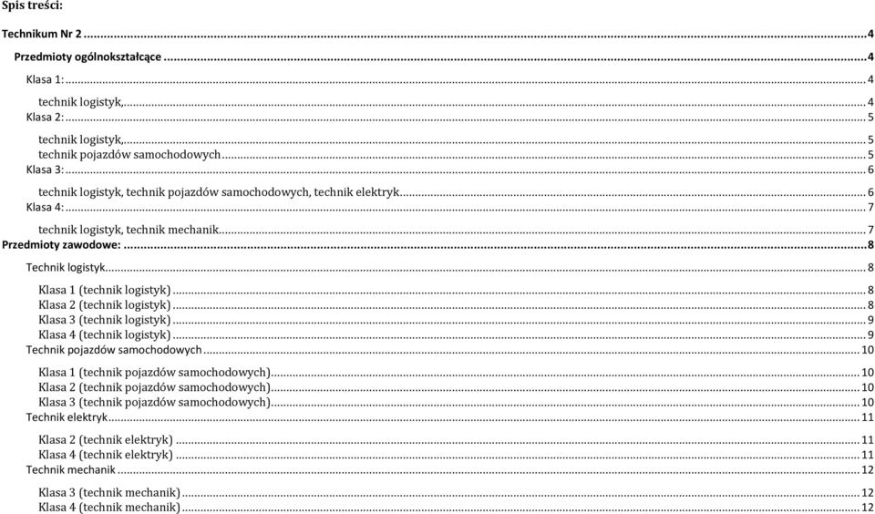 .. 8 Klasa 1 (technik logistyk)... 8 Klasa 2 (technik logistyk)... 8 Klasa 3 (technik logistyk)... 9 Klasa 4 (technik logistyk)... 9 Technik pojazdów samochodowych.