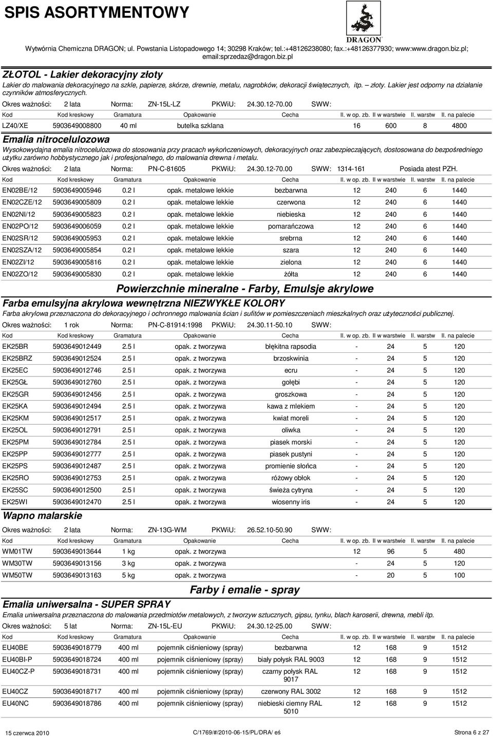 00 SWW: LZ40/XE 5903649008800 40 ml 16 600 8 4800 Emalia nitrocelulozowa Wysokowydajna emalia nitrocelulozowa do stosowania przy pracach wykończeniowych, dekoracyjnych oraz zabezpieczających,