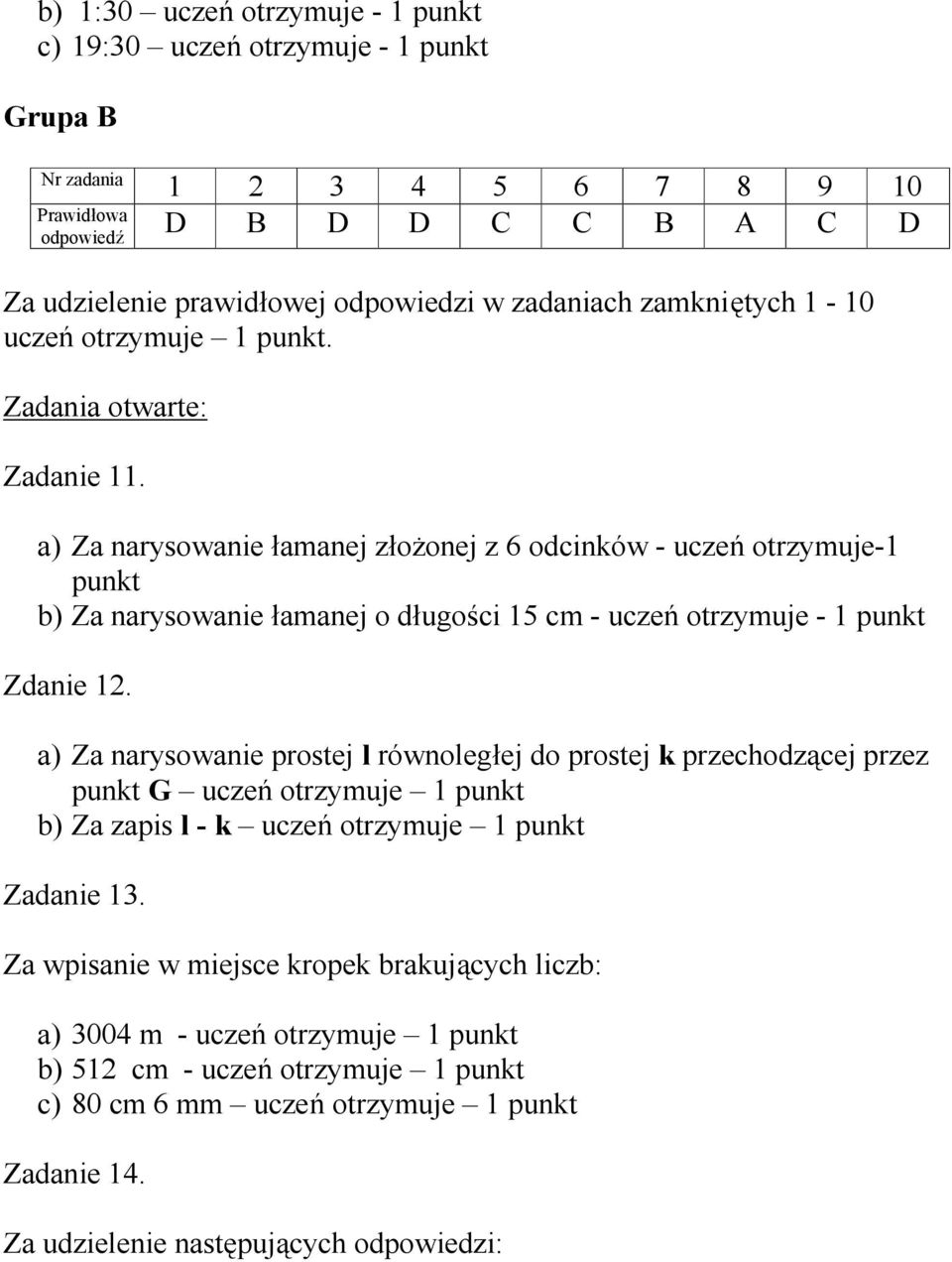 a) Za narysowanie łamanej złożonej z 6 odcinków - uczeń otrzymuje-1 punkt b) Za narysowanie łamanej o długości 15 cm - uczeń otrzymuje - 1 punkt Zdanie 12.