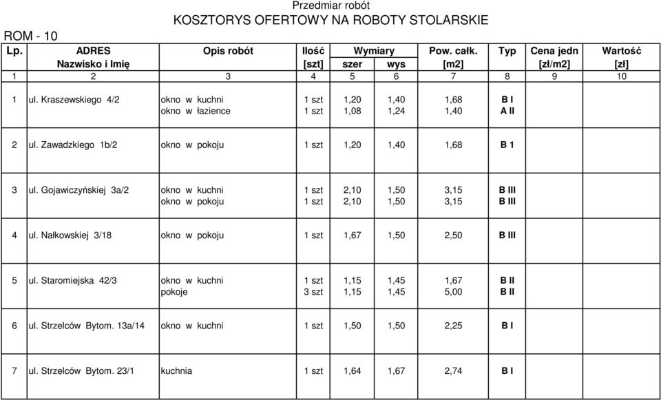 Gojawiczyńskiej 3a/2 okno w kuchni 1 szt 2,10 1,50 3,15 B III okno w pokoju 1 szt 2,10 1,50 3,15 B III 4 ul.