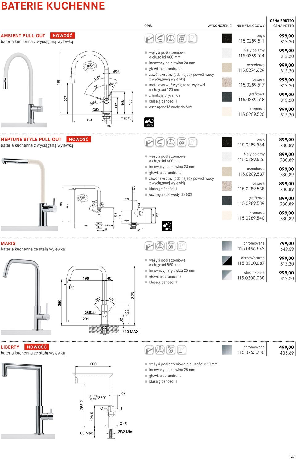 0289.518 kremowa 115.0289.520 NEPTUNE STYLE PULL-OUT NOWOŚĆ bateria kuchenna z wyciąganą wylewką o długości 400 mm innowacyjna głowica 28 mm zawór zwrotny (odcinający powrót wody z wyciąganej