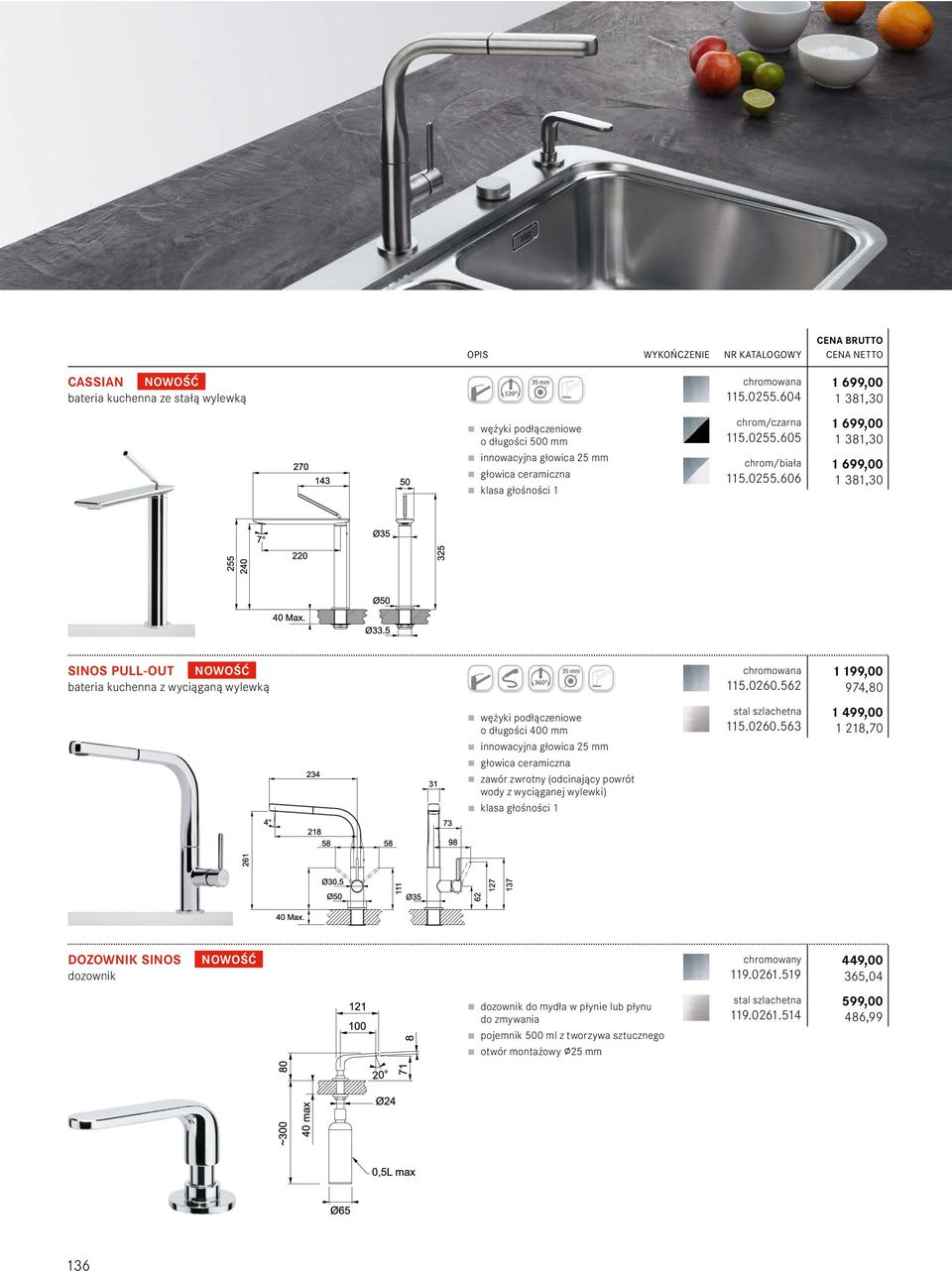605 chrom/biała 115.0255.606 1 699,00 1 381,30 1 699,00 1 381,30 SINOS PULL-OUT NOWOŚĆ bateria kuchenna z wyciąganą wylewką 115.0260.