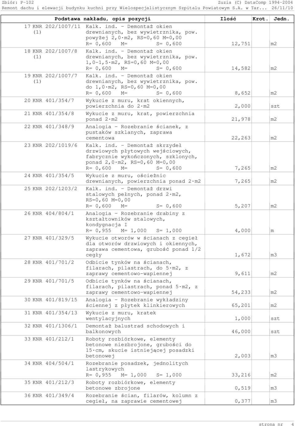 do 1,0 m2, RS=0,60 M=0,00 R= 0,600 M= S= 0,600 8,652 m2 20 KNR 401/354/7 Wykucie z muru, krat okiennych, powierzchnia do 2 m2 2,000 szt 21 KNR 401/354/8 Wykucie z muru, krat, powierzchnia ponad 2 m2