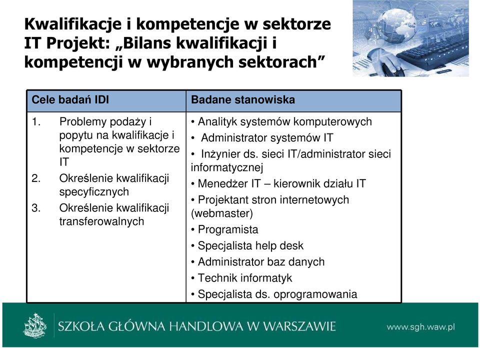 Określenie kwalifikacji transferowalnych Badane stanowiska Analityk systemów komputerowych Administrator systemów IT Inżynier ds.