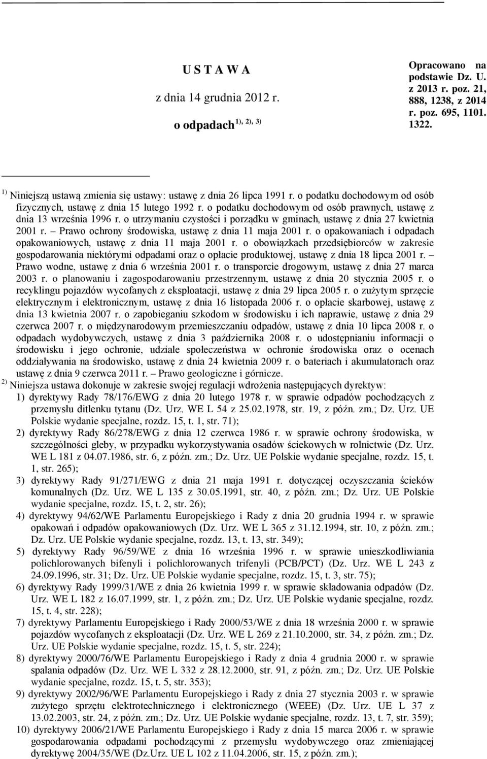 o podatku dochodowym od osób prawnych, ustawę z dnia 13 września 1996 r. o utrzymaniu czystości i porządku w gminach, ustawę z dnia 27 kwietnia 2001 r.