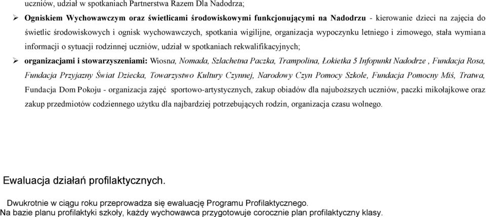 organizacjami i stowarzyszeniami: Wiosna, Nomada, Szlachetna Paczka, Trampolina, Łokietka 5 Infopunkt Nadodrze, Fundacja Rosa, Fundacja Przyjazny Świat Dziecka, Towarzystwo Kultury Czynnej, Narodowy