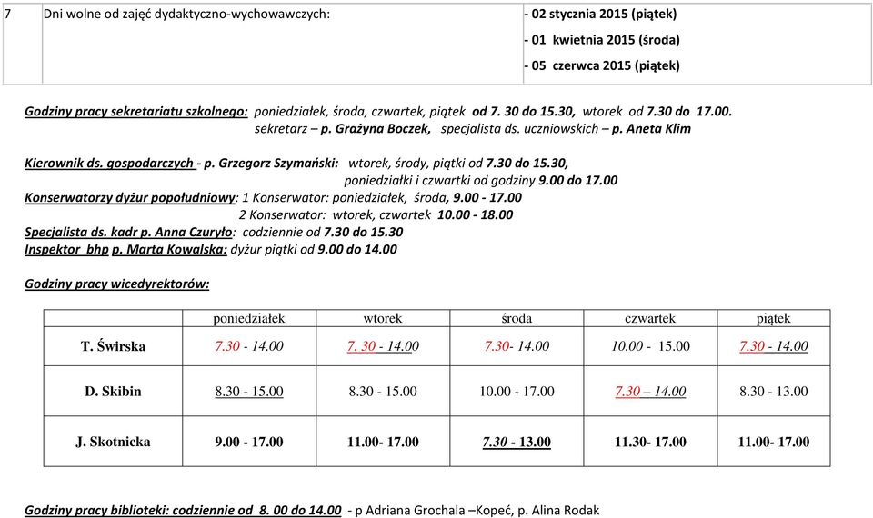 Grzegorz Szymański: wtorek, środy, piątki od 7.30 do 15.30, poniedziałki i czwartki od godziny 9.00 do 17.00 Konserwatorzy dyżur popołudniowy: 1 Konserwator: poniedziałek, środa, 9.00-17.