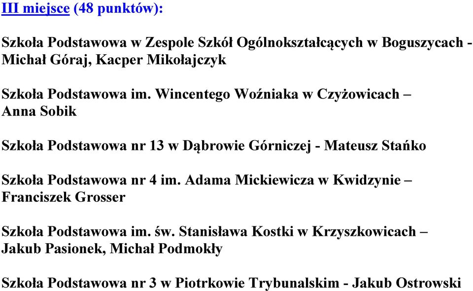 Wincentego Woźniaka w Czyżowicach Anna Sobik Szkoła Podstawowa nr 13 w Dąbrowie Górniczej - Mateusz Stańko Szkoła