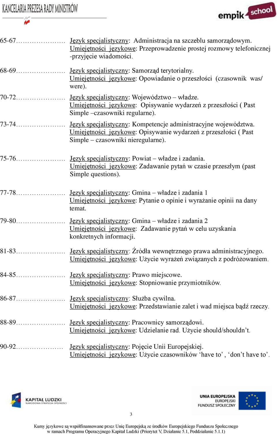 Umiejętności językowe: Opisywanie wydarzeń z przeszłości ( Past Simple czasowniki regularne). 73-74. Język specjalistyczny: Kompetencje administracyjne województwa.