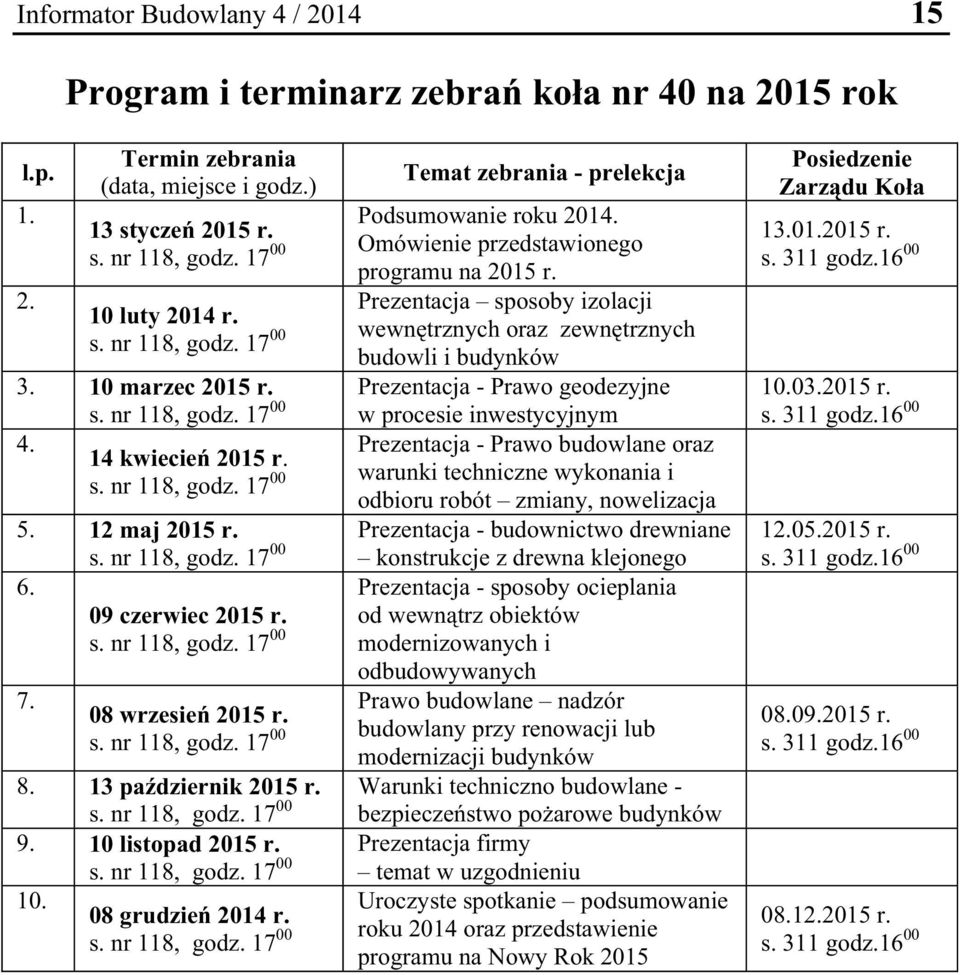 s. nr 118, godz. 17 00 wewn trznych oraz zewn trznych budowli i budynków 3. 10 marzec 2015 r. s. nr 118, godz. 17 00 w procesie inwestycyjnym 4. Prezentacja - Prawo budowlane oraz 14 kwiecie 2015 r.