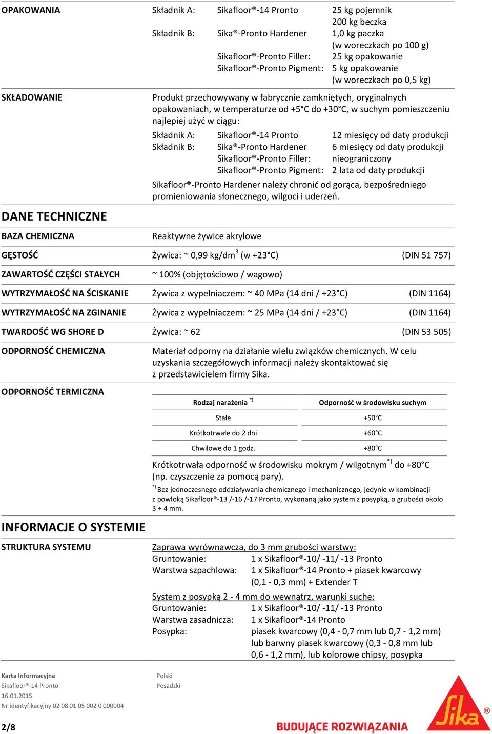 pomieszczeniu najlepiej użyć w ciągu: Składnik A: 12 miesięcy od daty produkcji Składnik B: Sika Pronto Hardener 6 miesięcy od daty produkcji Sikafloor Pronto Filler: nieograniczony Sikafloor Pronto