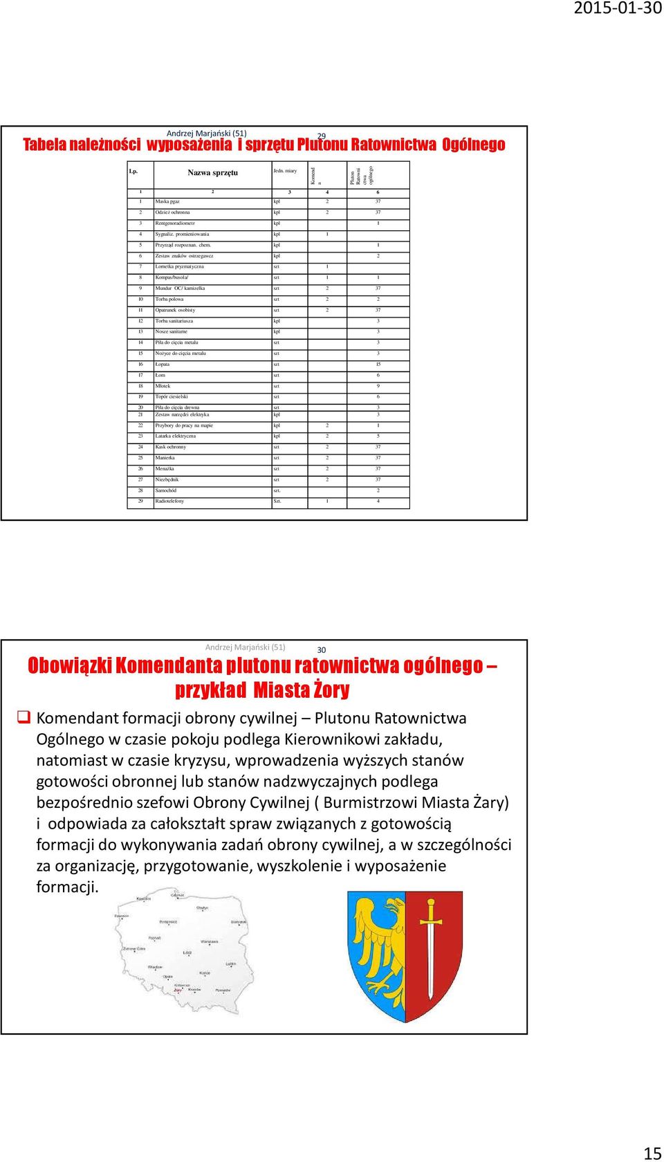 kpl 1 6 Zestaw znaków ostrzegawcz kpl 2 7 Lornetka pryzmatyczna szt 1 8 Kompas/busola/ szt 1 1 9 Mundur OC/ kamizelka szt 2 37 10 Torba polowa szt 2 2 11 Opatrunek osobisty szt 2 37 12 Torba