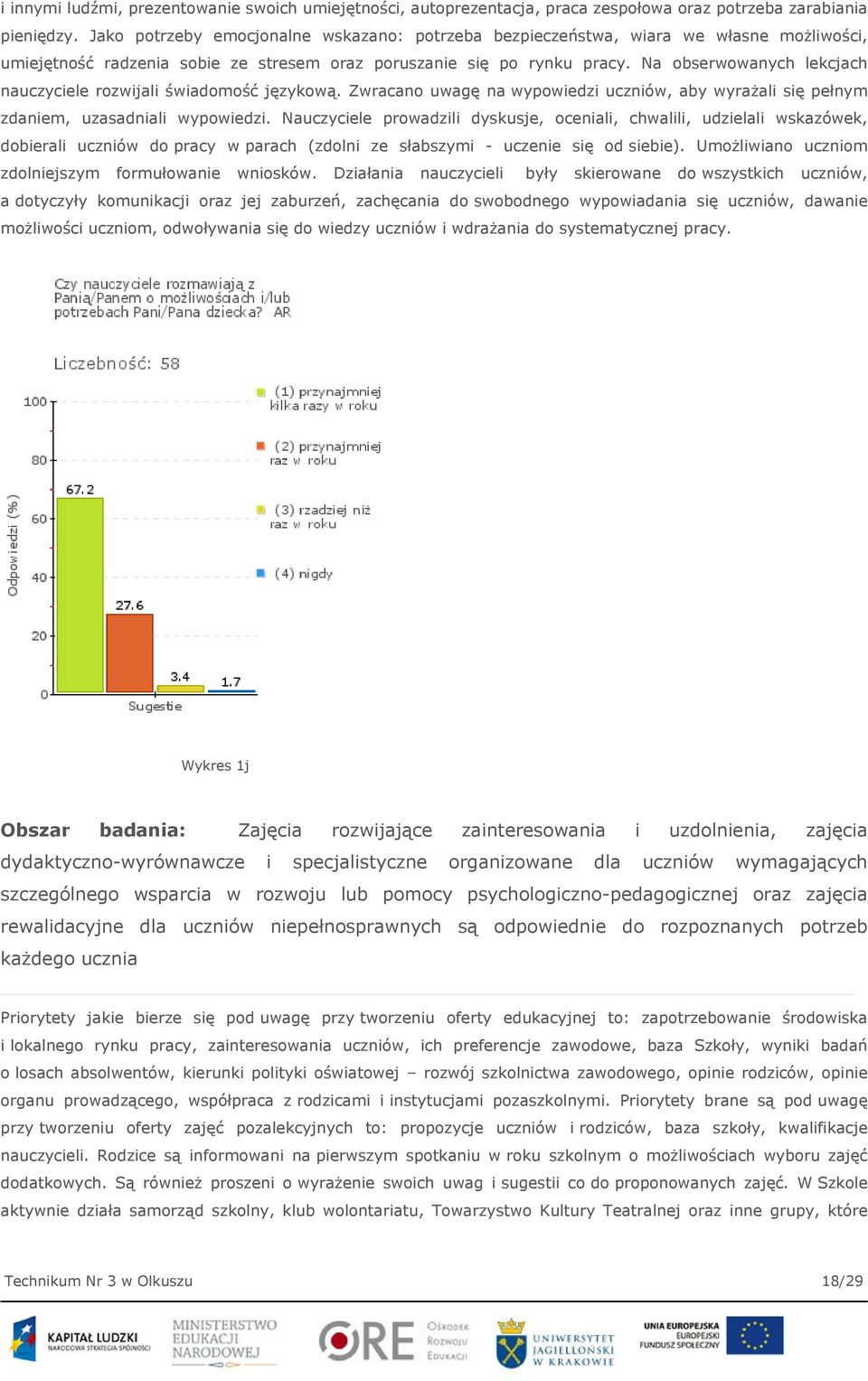 Na obserwowanych lekcjach nauczyciele rozwijali świadomość językową. Zwracano uwagę na wypowiedzi uczniów, aby wyrażali się pełnym zdaniem, uzasadniali wypowiedzi.