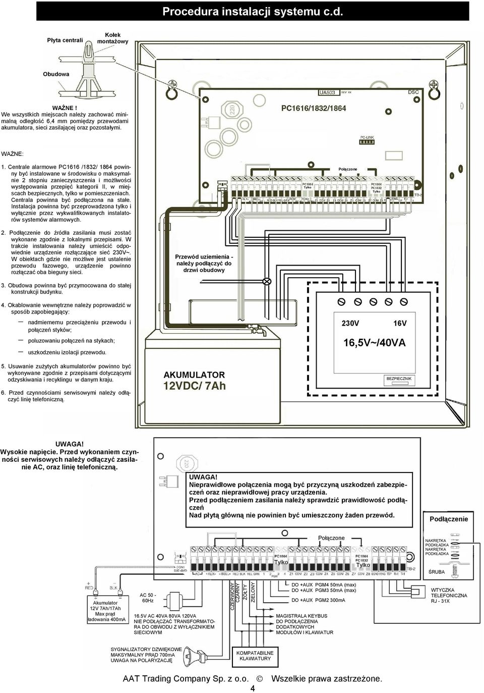 Centrale alarmowe PC1616 /132/ 164 powinny być instalowane w środowisku o maksymalnie 2 stopniu zanieczyszczenia i możliwości występowania przepięć kategorii II, w miejscach bezpiecznych, tylko w