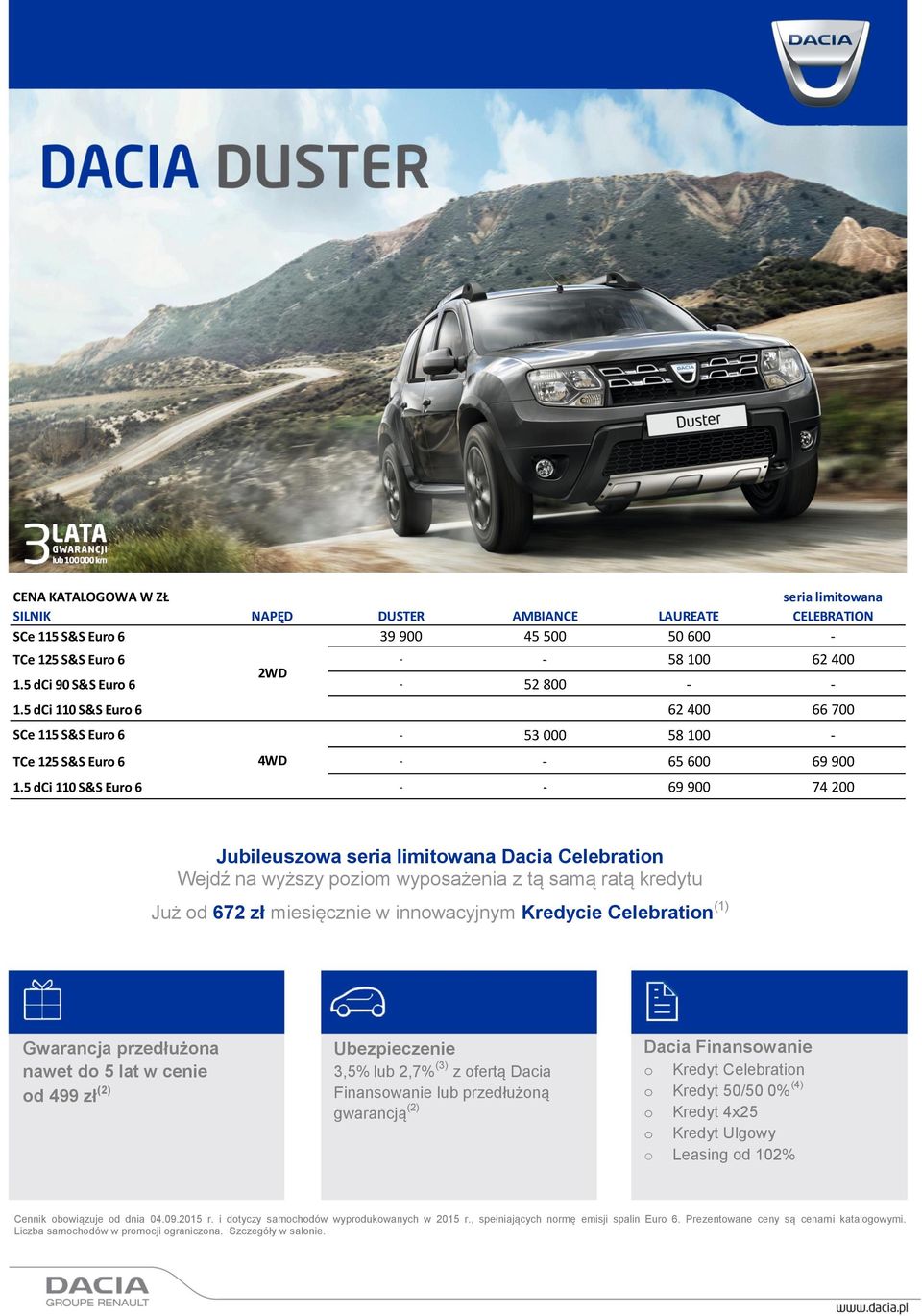 5 dci 110 S&S Euro 6 - - 69 900 74 200 Jubileuszowa seria limitowana Dacia Celebration Wejdź na wyższy poziom wyposażenia z tą samą ratą kredytu Już od 672 zł miesięcznie w innowacyjnym Kredycie