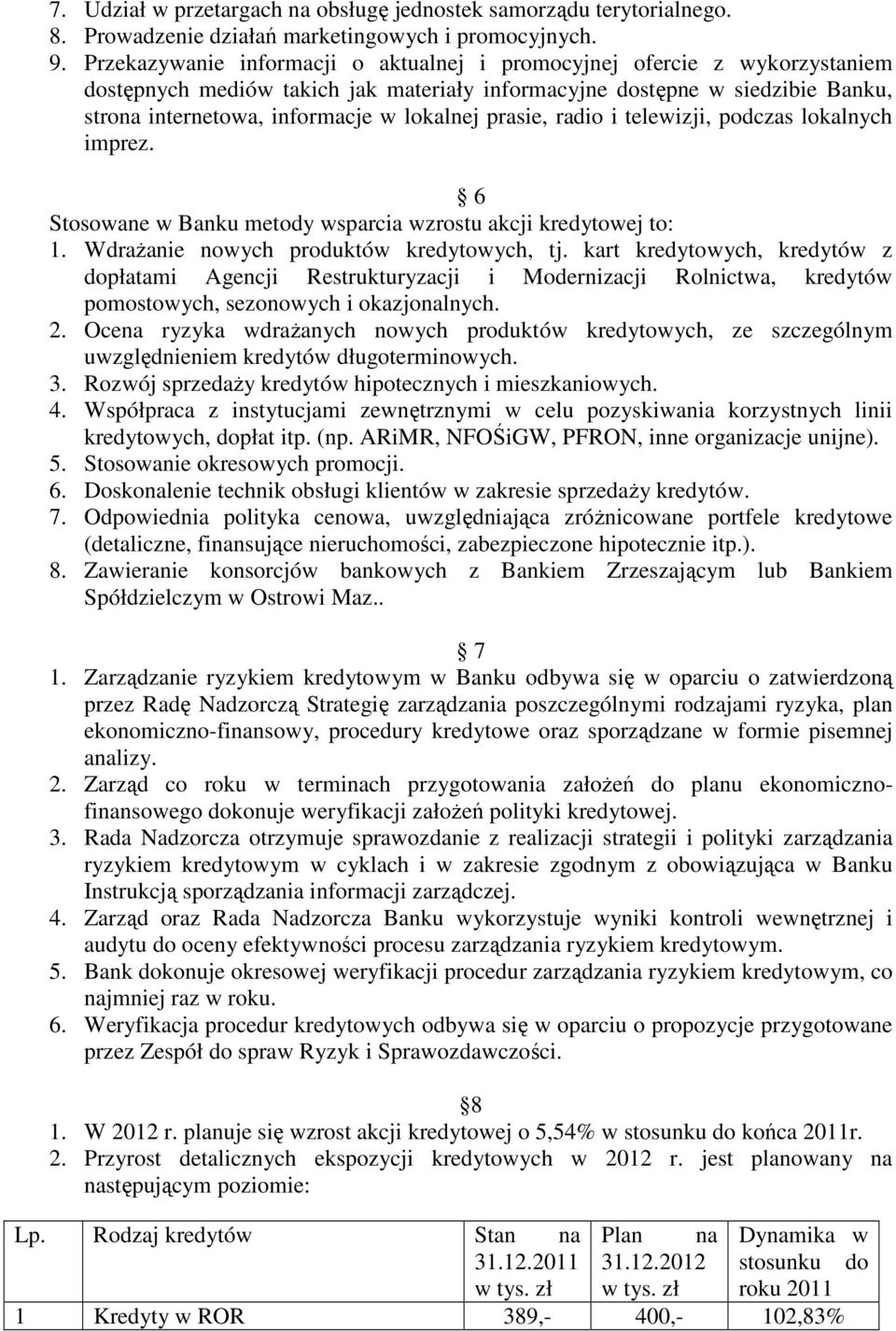 prasie, radio i telewizji, podczas lokalnych imprez. 6 Stosowane w Banku metody wsparcia wzrostu akcji kredytowej to: 1. Wdrażanie nowych produktów kredytowych, tj.