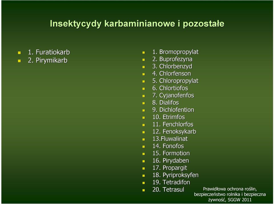 Cyjanofenfos 8. Dialifos 9. Dichlofention 10. Etrimfos 11. Fenchlorfos 12. Fenoksykarb 13.