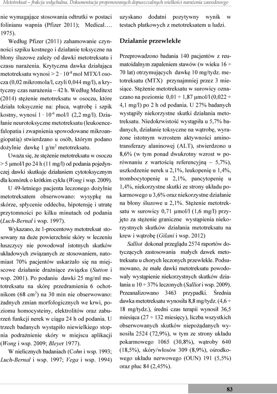 Krytyczna dawka działająca metotreksatu wynosi > 2 10-8 mol MTX/l osocza (0,02 mikromola/l, czyli 0,044 mg/l), a krytyczny czas narażenia 42 h.