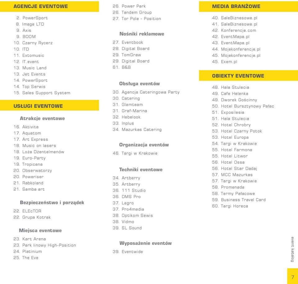 Rabkoland 21. Samba art Bezpieczeństwo i porządek 22. ELEcTOR 22. Grupa Kotrak Miejsca eventowe 26. Power Park 26. Tandem Group 27. Tor Pole Position Nośniki reklamowe 27. Eventbook 28.