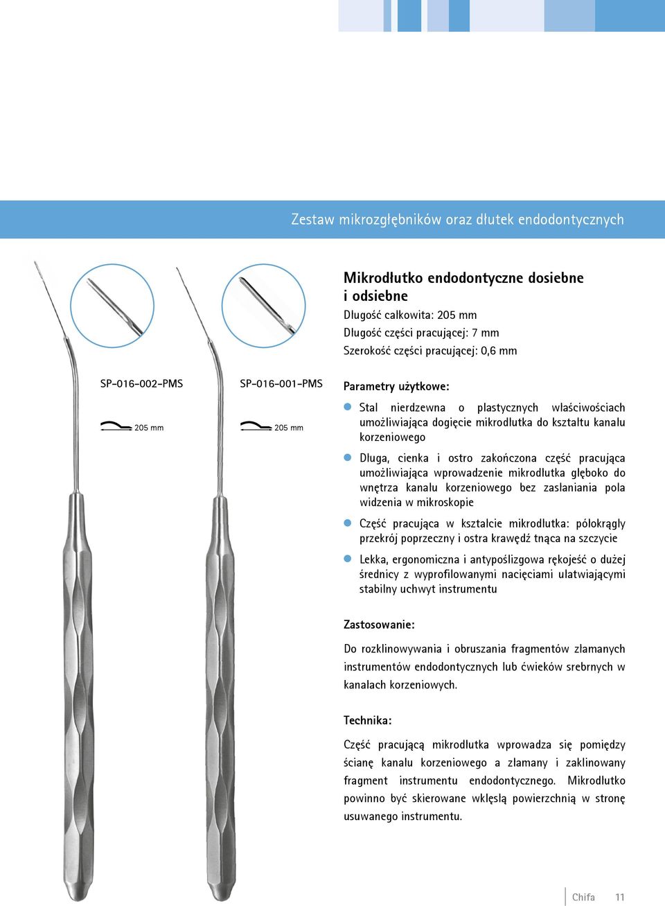 zakończona część pracująca umożliwiająca wprowadzenie mikrodłutka głęboko do wnętrza kanału korzeniowego bez zasłaniania pola widzenia w mikroskopie Część pracująca w kształcie mikrodłutka: