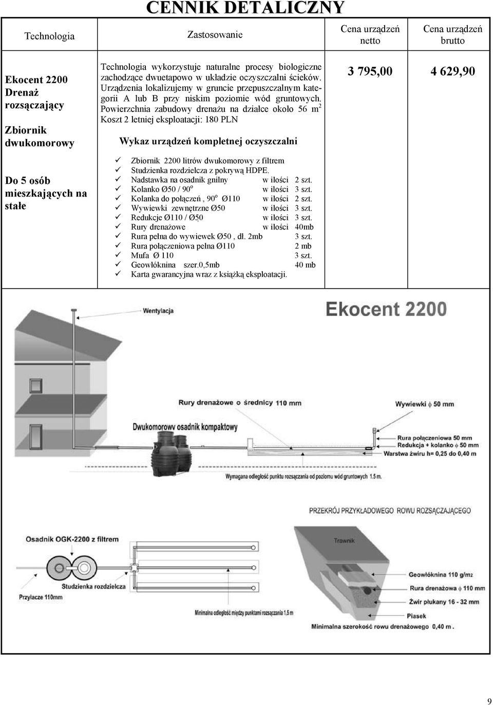 Powierzchnia zabudowy drenażu na działce około 56 m 2 Koszt 2 letniej eksploatacji: 180 PLN Wykaz urządzeń kompletnej oczyszczalni Zbiornik 2200 litrów dwukomorowy z filtrem Studzienka rozdzielcza z