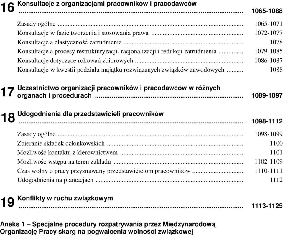 .. 1086-1087 Konsultacje w kwestii podziału majątku rozwiązanych związków zawodowych... 1088 Uczestnictwo organizacji pracowników i pracodawców w różnych organach i procedurach.