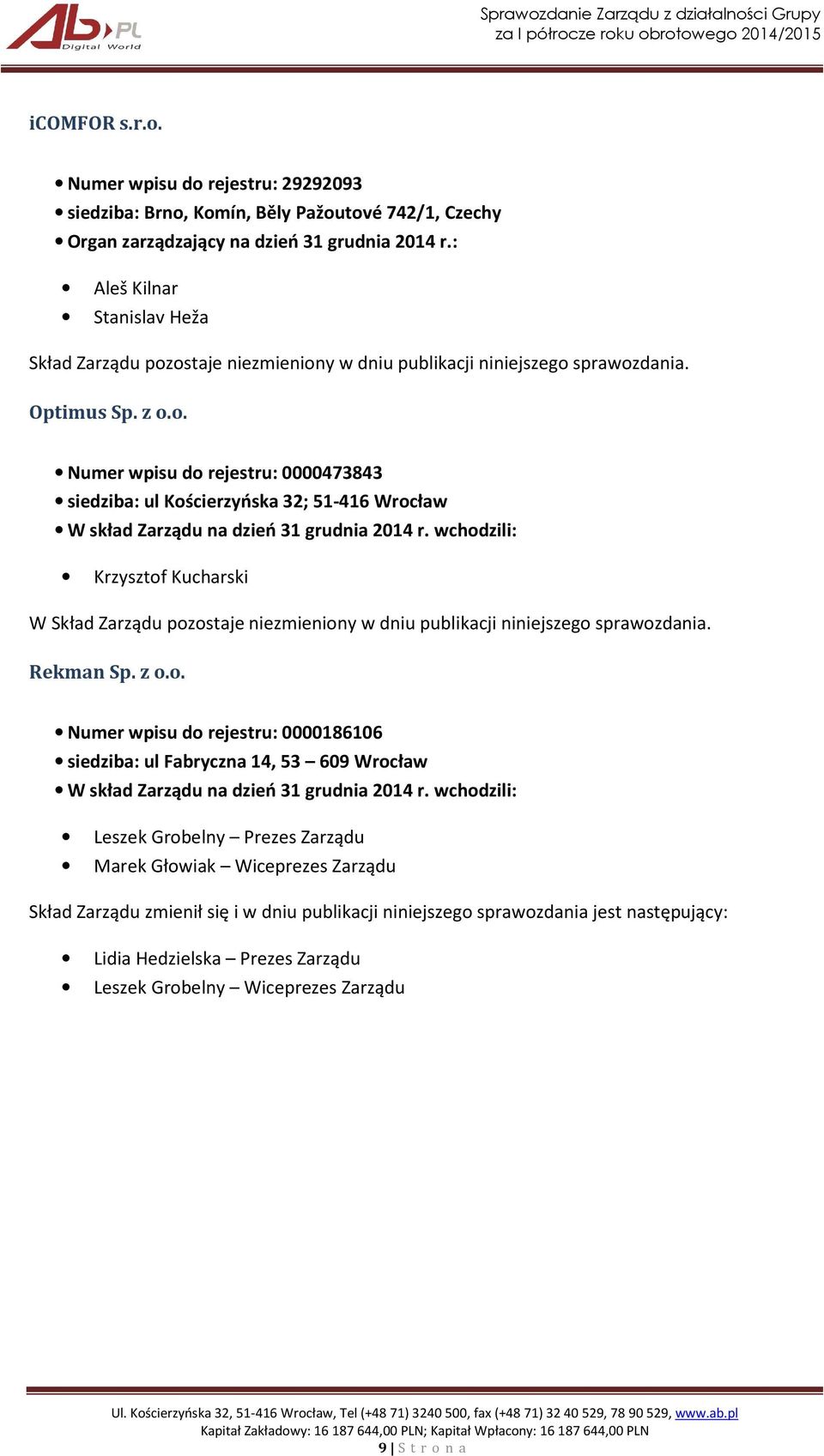 wchodzili: Krzysztof Kucharski W Skład Zarządu pozostaje niezmieniony w dniu publikacji niniejszego sprawozdania. Rekman Sp. z o.o. Numer wpisu do rejestru: 0000186106 siedziba: ul Fabryczna 14, 53 609 Wrocław W skład Zarządu na dzień 31 grudnia 2014 r.