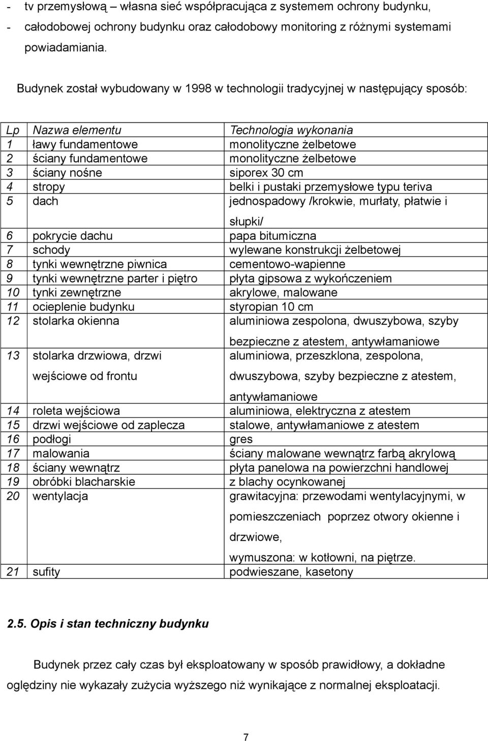 żelbetowe 3 ściany nośne siporex 30 cm 4 stropy belki i pustaki przemysłowe typu teriva 5 dach jednospadowy /krokwie, murłaty, płatwie i słupki/ 6 pokrycie dachu papa bitumiczna 7 schody wylewane