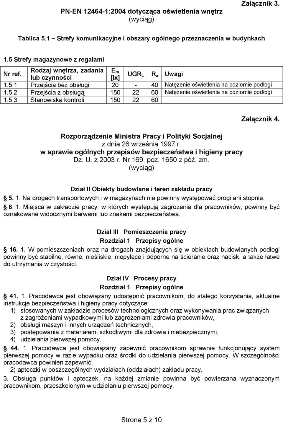 5.3 Stanowiska kontroli 150 22 60 Rozporz dzenie Ministra Pracy i Polityki Socjalnej z dnia 26 wrze nia 1997 r. w sprawie ogólnych przepisów bezpiecze stwa i higieny pracy Dz. U. z 2003 r.