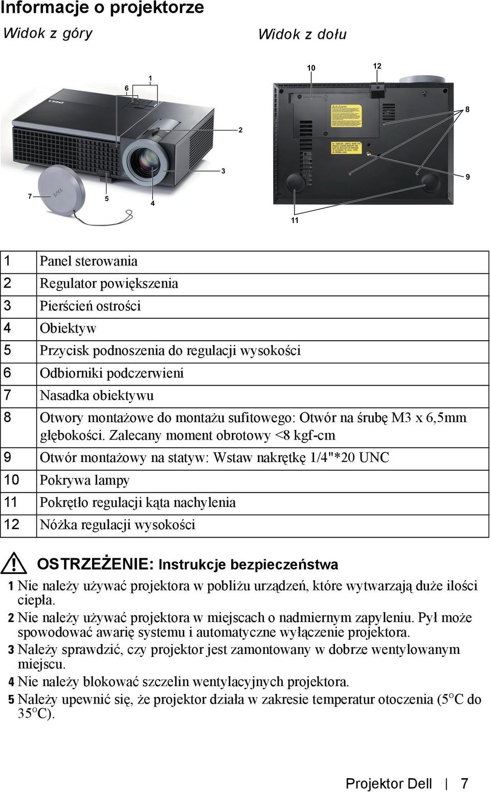 Zalecany moment obrotowy <8 kgf-cm 9 Otwór montażowy na statyw: Wstaw nakrętkę 1/4"*20 UNC 10 Pokrywa lampy 11 Pokrętło regulacji kąta nachylenia 12 Nóżka regulacji wysokości OSTRZEŻENIE: Instrukcje