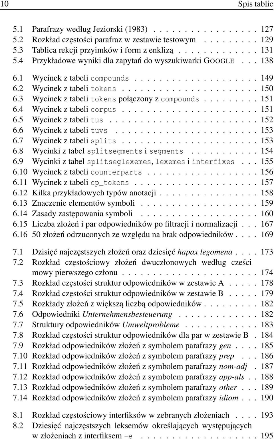 3 Wycinek z tabelitokens połączony zcompounds......... 151 6.4 Wycinek z tabelicorpus...................... 151 6.5 Wycinek z tabelitus........................ 152 6.6 Wycinek z tabelituvs....................... 153 6.